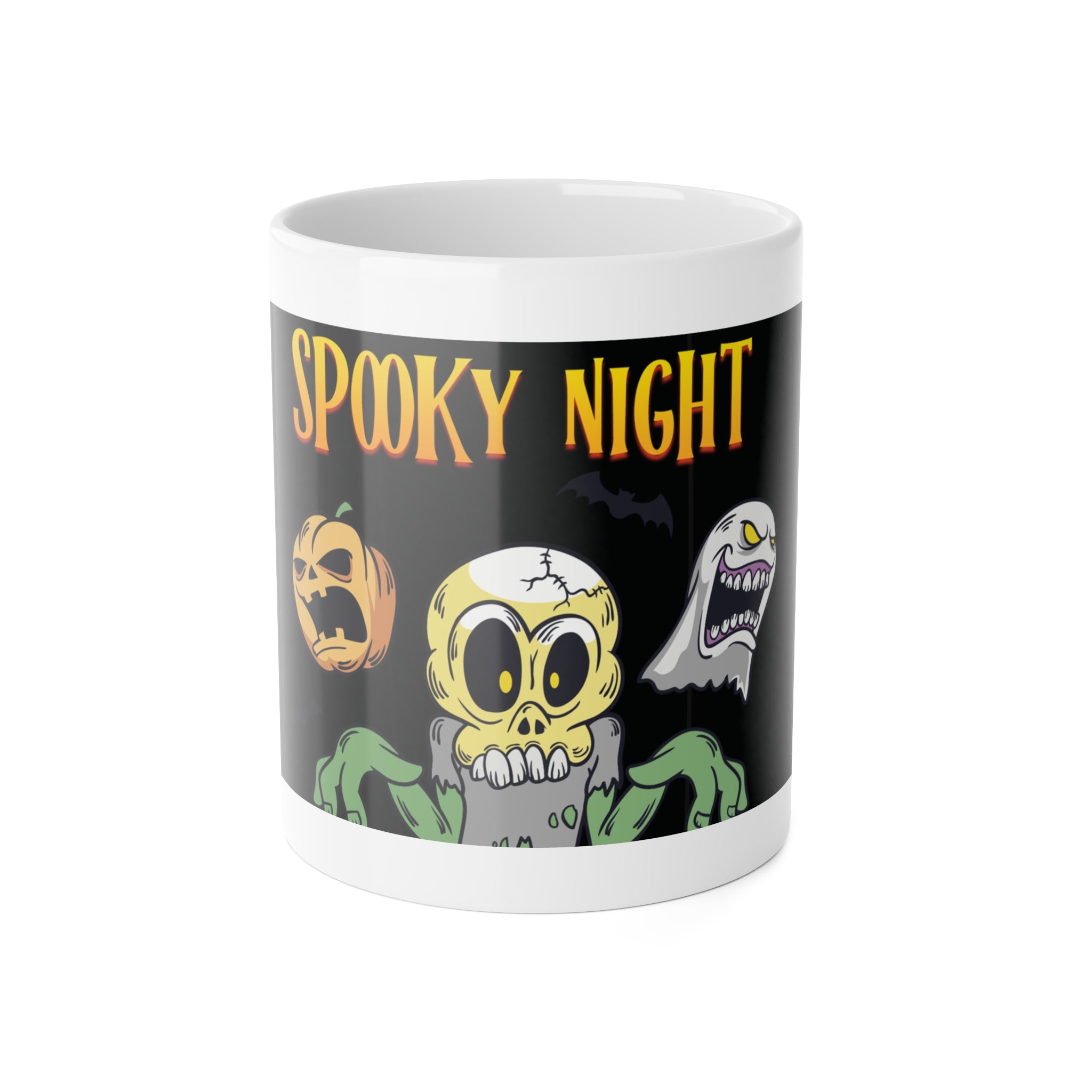 Spooky Night with Skeletons and Ghosts | Halloween Pumpkins and Bats | White Ceramic Mug